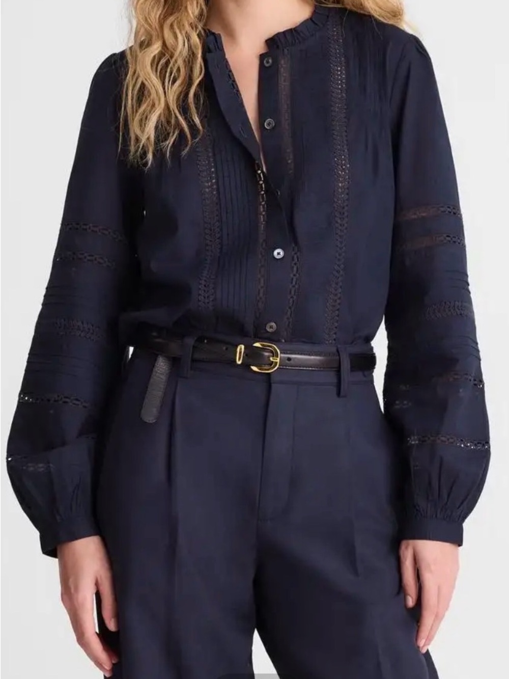 Madewell Top High-Neck Lace-Trim Pintuck Detail Button Front Navy M